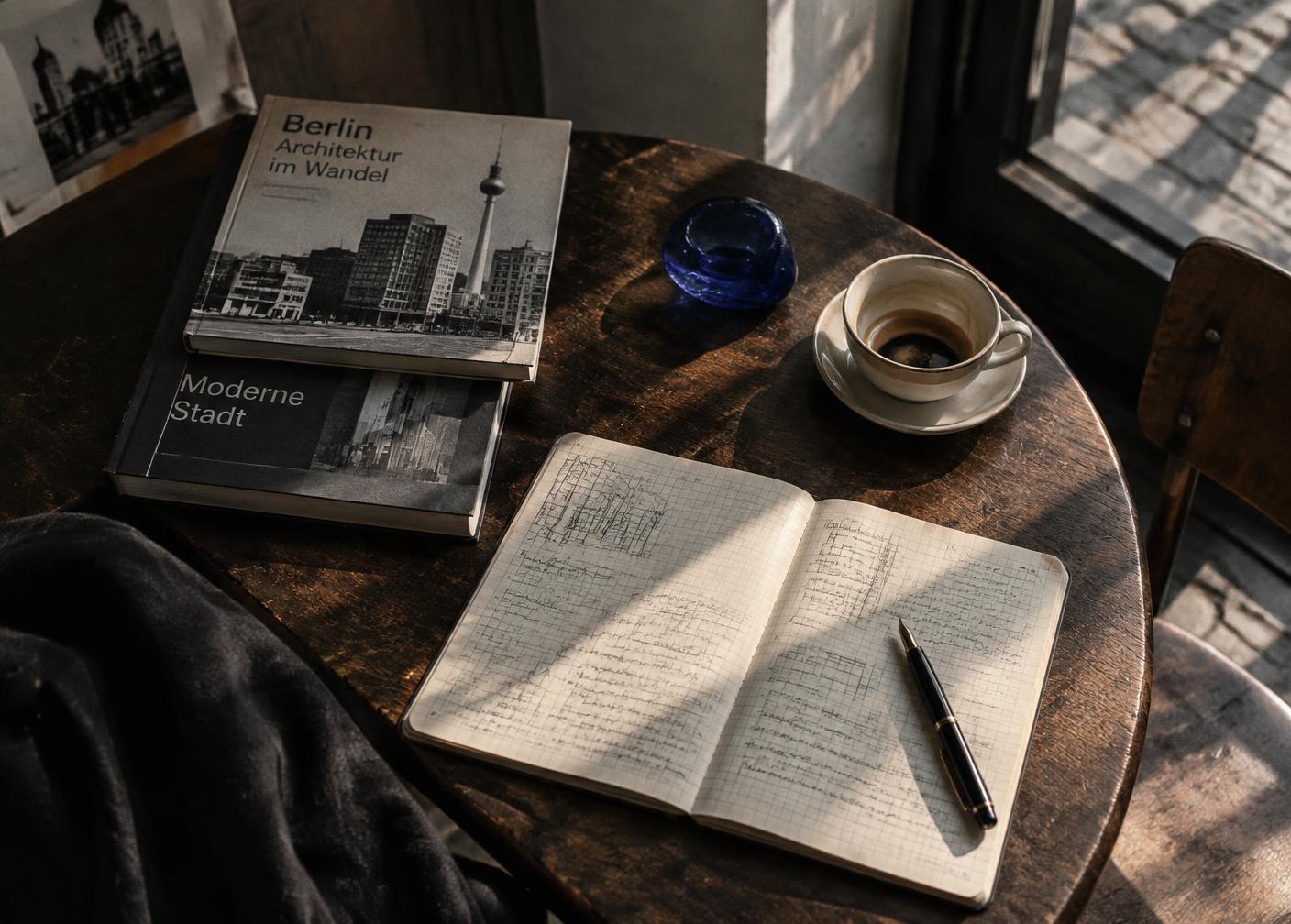 Notizbuch, Bücher und Arbeitsmaterial auf einem Tisch
